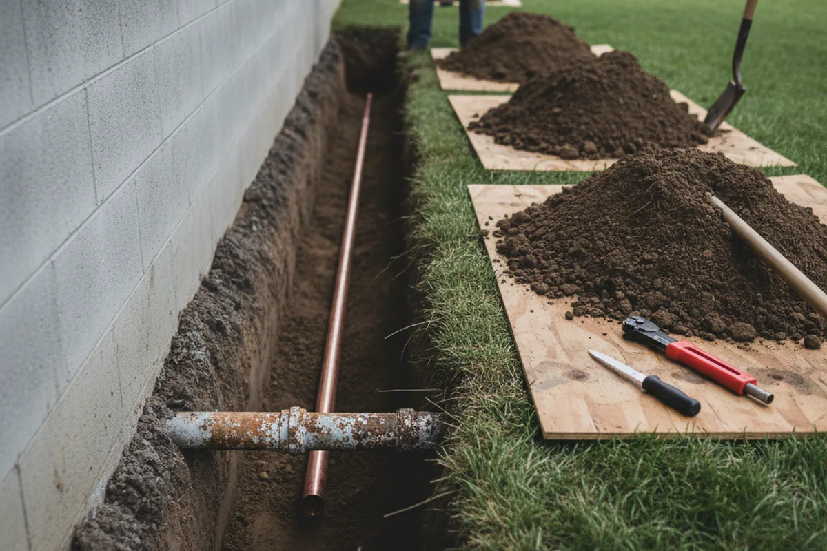Excavated water line trench during Sewer Line Repair in Burneyville